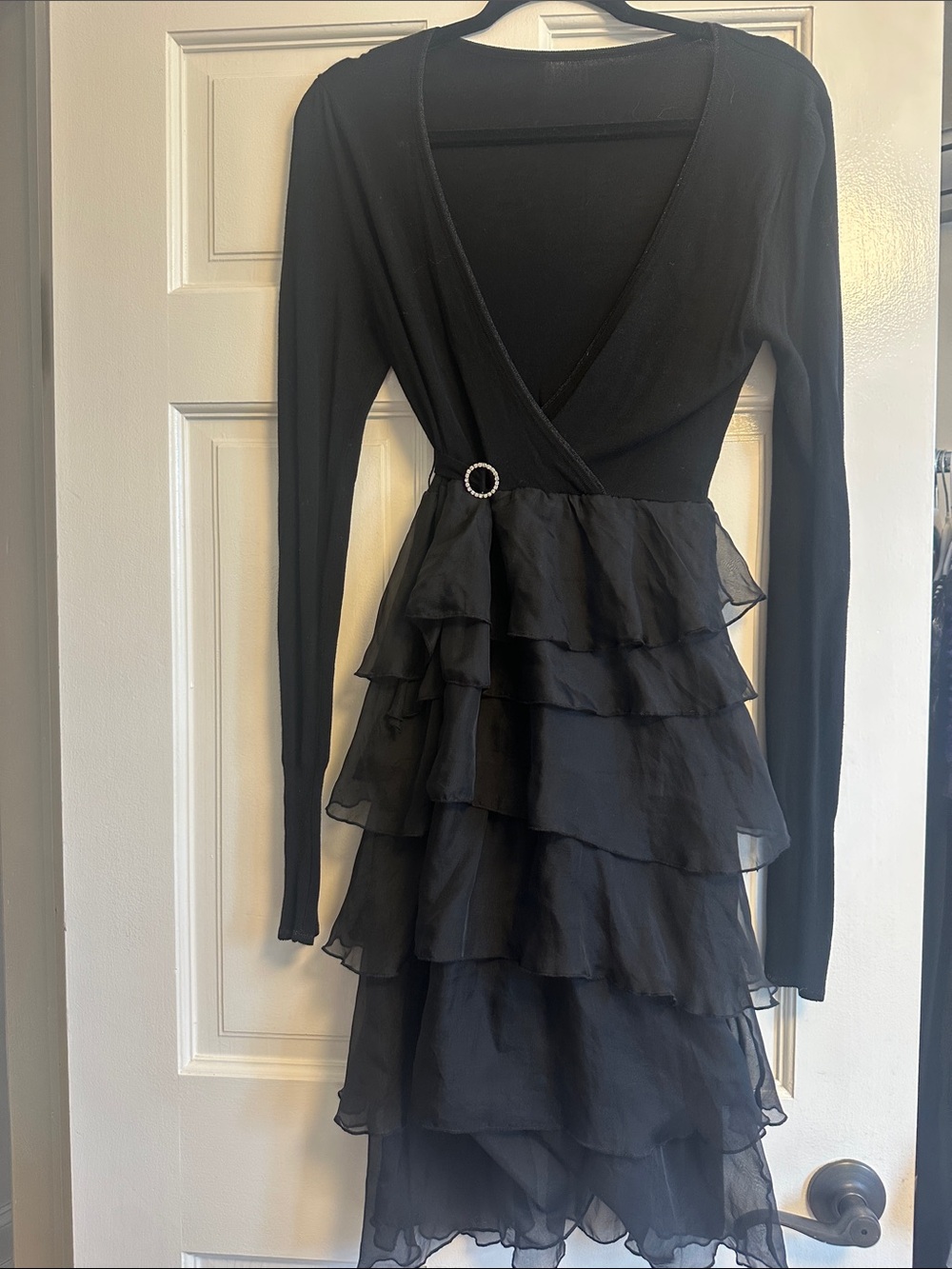 DEPT Black Long-Sleeve silk bottom Ruffle Tiered Dress